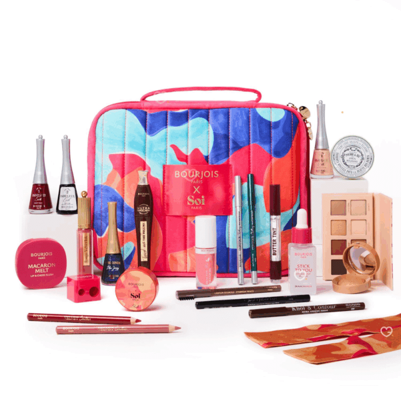 Calendrier de l’Avent Bourjois Paris 2025 contenant 24 surprises beauté pour femme, maquillage éclat du teint, regard, lèvres et ongles, dans un coffret trousse coloré.