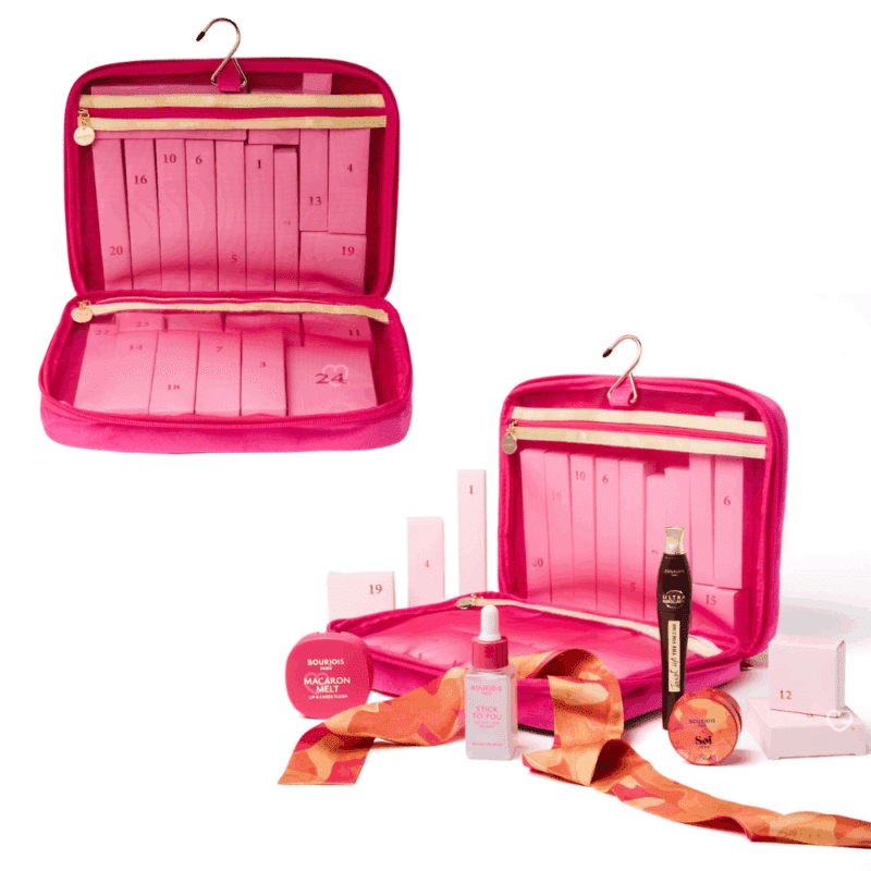 Calendrier de l’Avent Bourjois Paris 2025 contenant 24 surprises beauté pour femme, maquillage éclat du teint, regard, lèvres et ongles, dans un coffret trousse coloré.