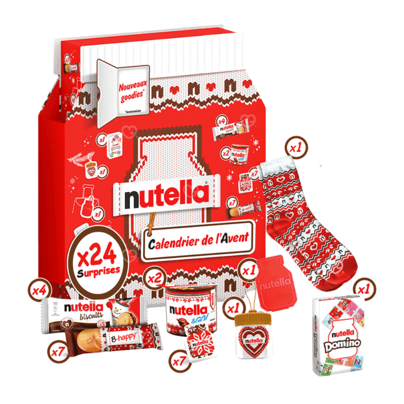 coffret gourmand forme pot de nutella décor pull de noel calendrier de l'avent nutella 2025 remplit de friandises chocolat, mini-pots et accessoires