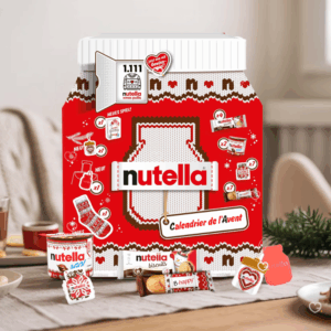 coffret gourmand forme pot de nutella décor pull de noel calendrier de l'avent nutella 2025 remplit de friandises chocolat, mini-pots et accessoires
