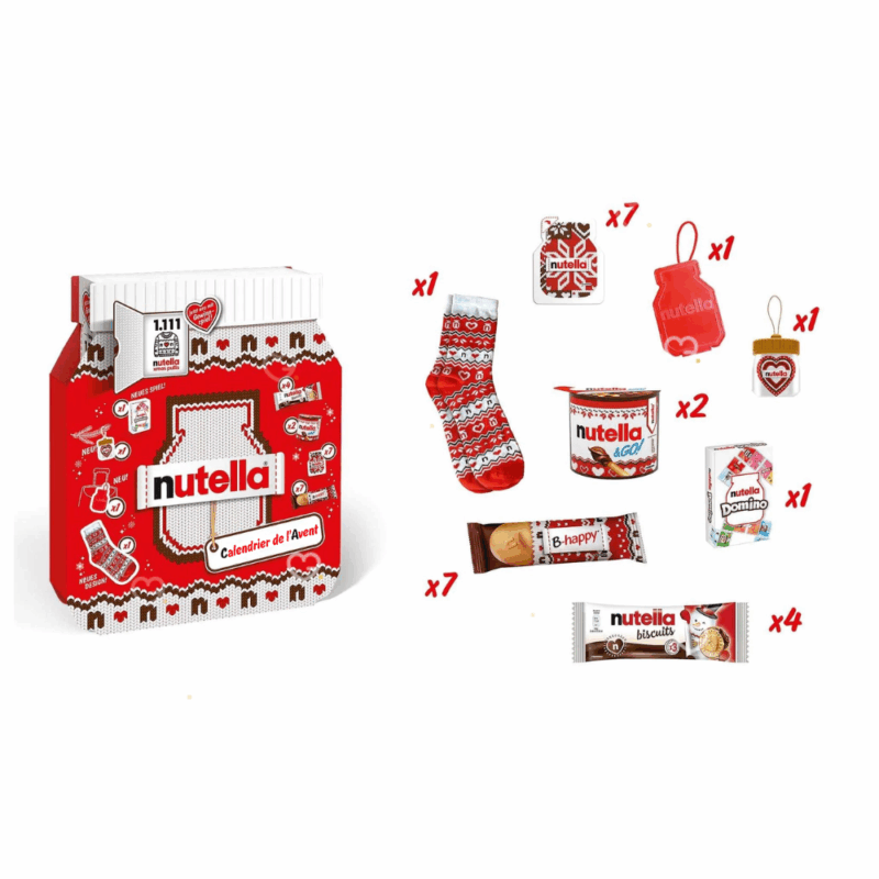 coffret gourmand forme pot de nutella décor pull de noel calendrier de l'avent nutella 2025 remplit de friandises chocolat, mini-pots et accessoires