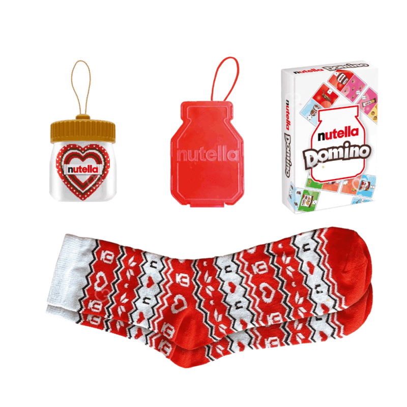 coffret gourmand forme pot de nutella décor pull de noel calendrier de l'avent nutella 2025 remplit de friandises chocolat, mini-pots et accessoires