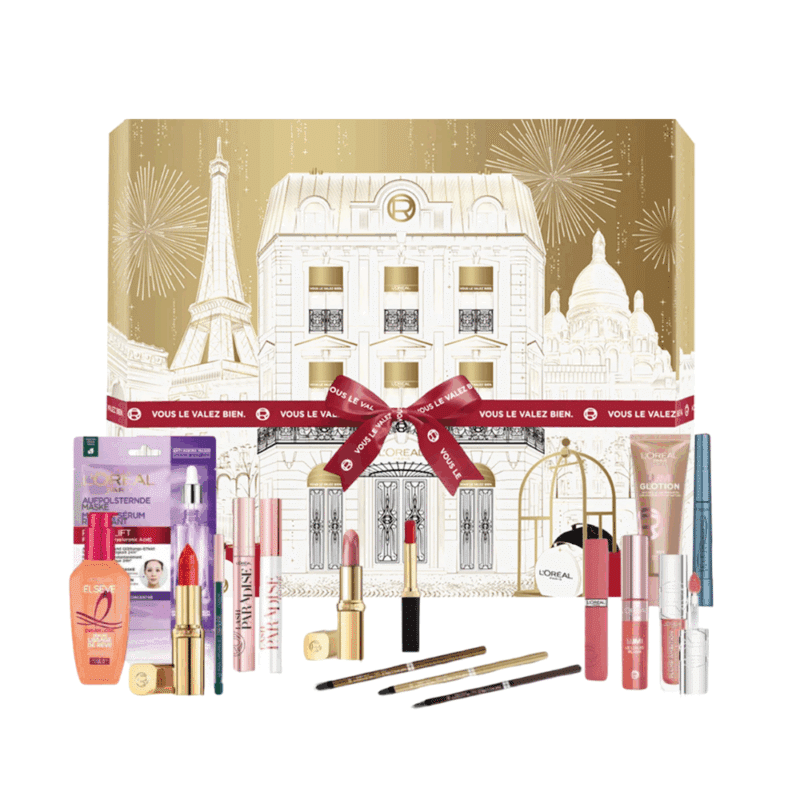 Calendrier de l'Avent L'Oréal Paris 2025 contenant 24 produits de beauté en taille réelle pour le maquillage et les soins du visage présenté dans un coffret élégant doré et blanc
