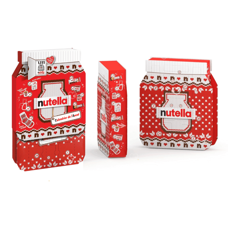 coffret gourmand forme pot de nutella décor pull de noel calendrier de l'avent nutella 2025 remplit de friandises chocolat, mini-pots et accessoires