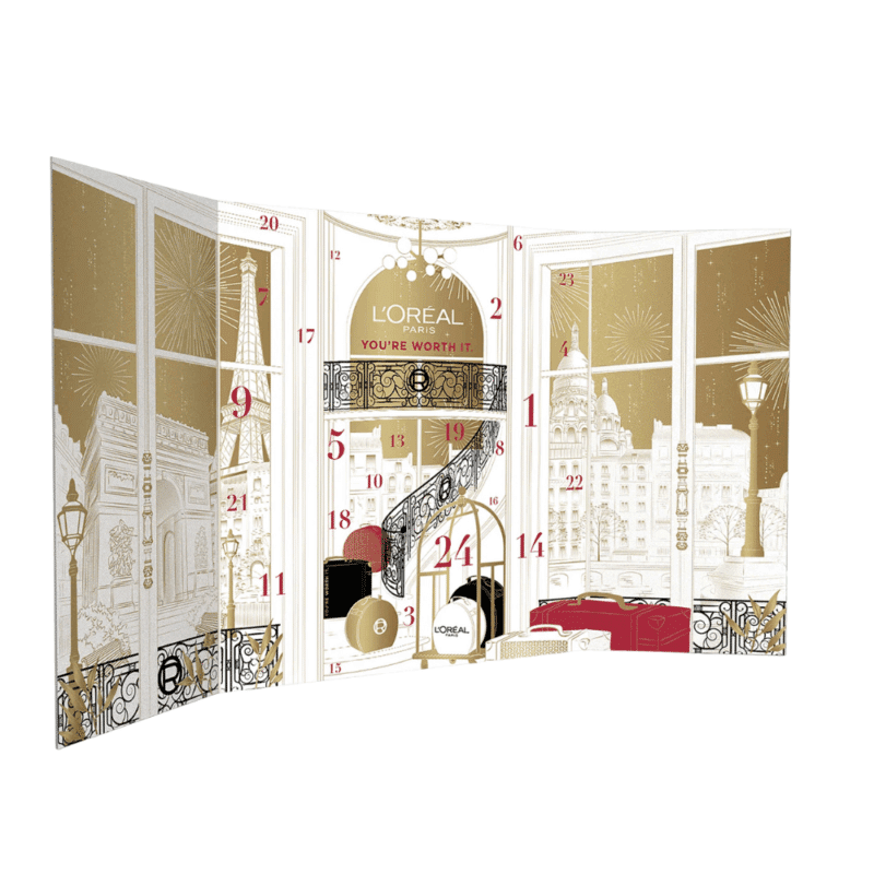 Calendrier de l'Avent L'Oréal Paris 2025 contenant 24 produits de beauté en taille réelle pour le maquillage et les soins du visage présenté dans un coffret élégant doré et blanc