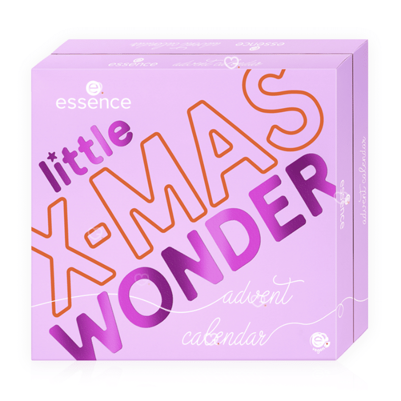 Calendrier de l’Avent Essence 2025 couleur violet avec 24 produits beauté, maquillage, vernis, accessoires makeup et soins visage.