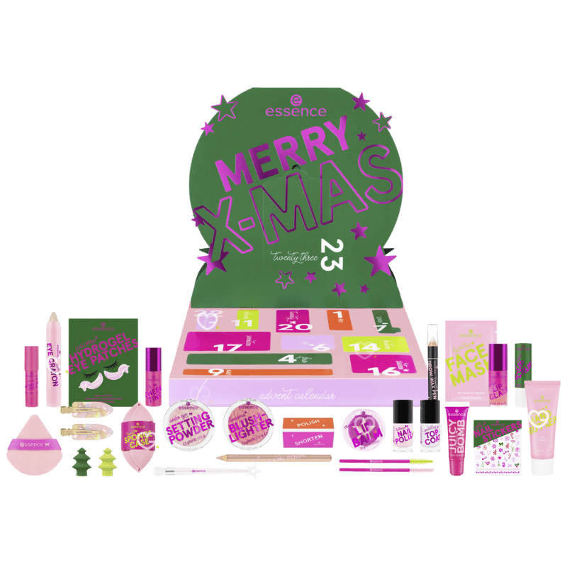Calendrier de l’Avent Essence 2025 couleur violet avec 24 produits beauté, maquillage, vernis, accessoires makeup et soins visage.