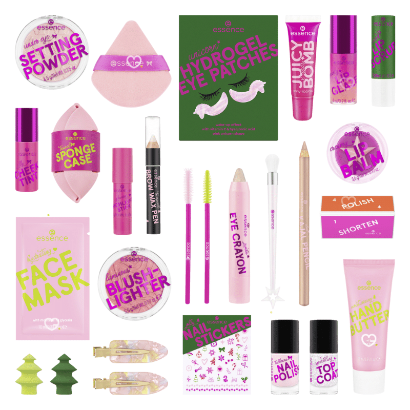 contenu complet du Calendrier de l’Avent Essence 2025 couleur violet avec 24 produits beauté, maquillage, vernis, accessoires makeup et soins visage.