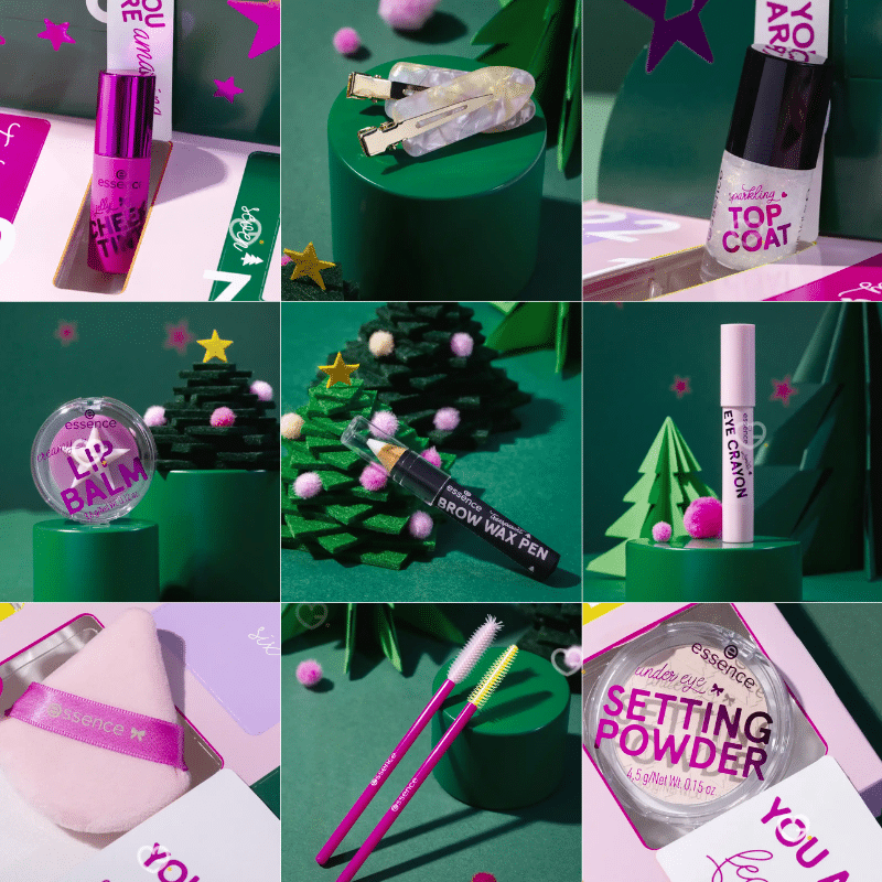 contenu complet du Calendrier de l’Avent Essence 2025 couleur violet avec 24 produits beauté, maquillage, vernis, accessoires makeup et soins visage.