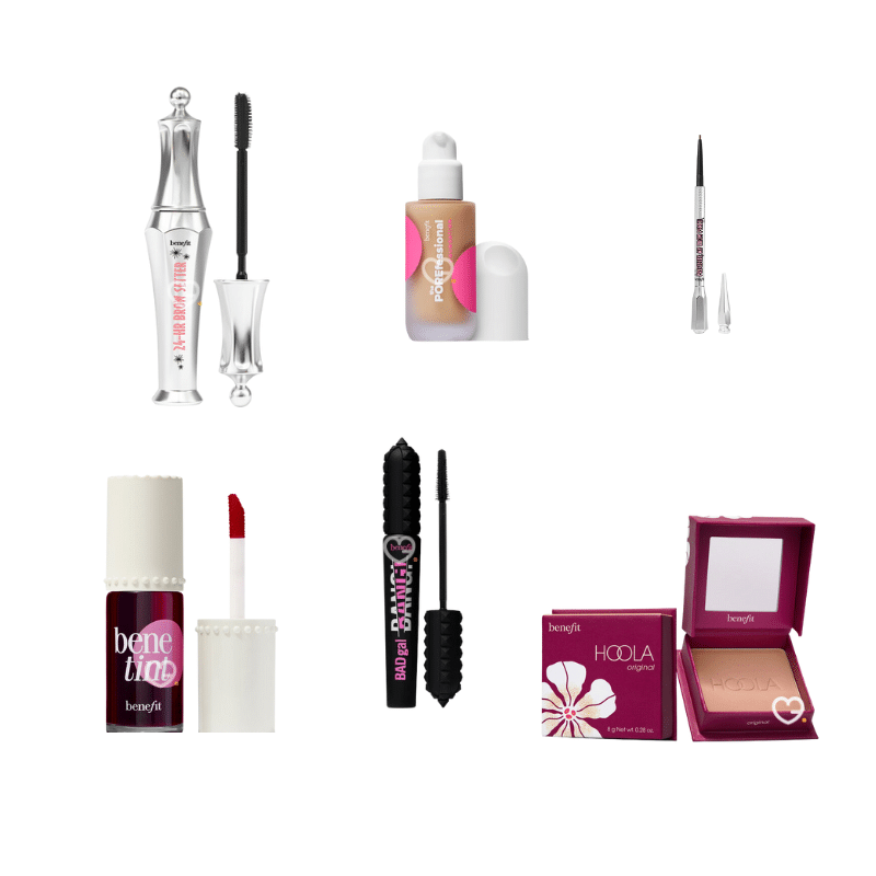 Calendrier de l’Avent Benefit 2025 The Glam Cube avec 24 surprises beauté et maquillage, incluant mascaras, blush et soins sourcils.