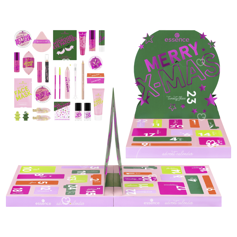Calendrier de l’Avent Essence 2025 couleur violet avec 24 produits beauté, maquillage, vernis, accessoires makeup et soins visage.
