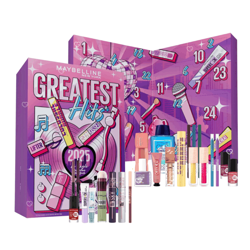 Calendrier de l’Avent Maybelline 2025 avec 24 produits de beauté full size pour teint, lèvres, yeux, ongles et accessoires, idéal pour femme passionnée de maquillage.