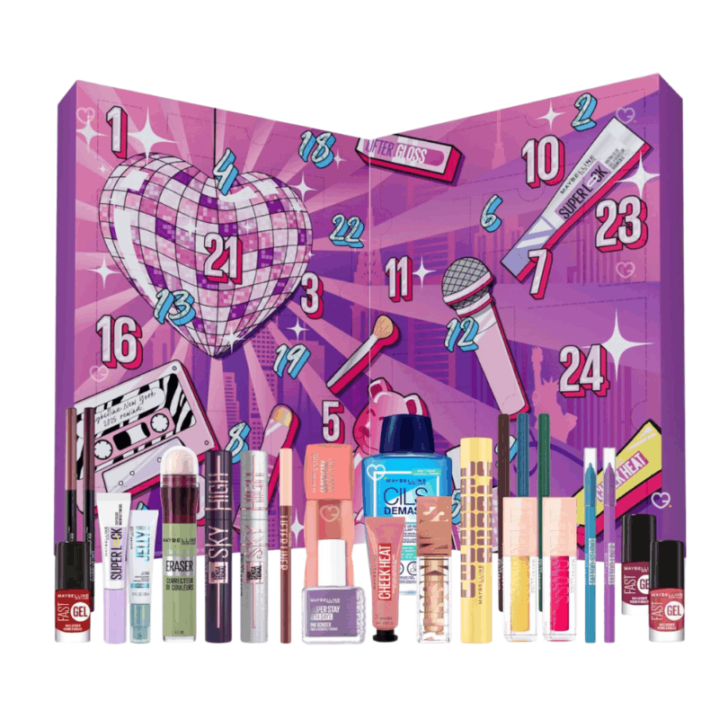 Calendrier de l’Avent Maybelline 2025 avec 24 produits de beauté full size pour teint, lèvres, yeux, ongles et accessoires, idéal pour femme passionnée de maquillage.