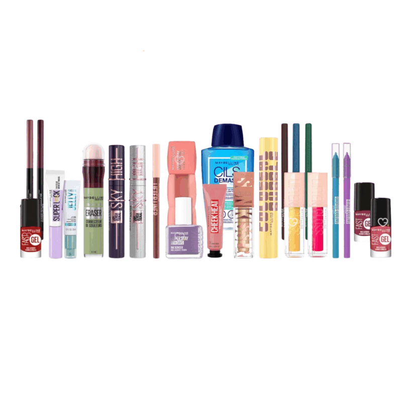 Calendrier de l’Avent Maybelline 2025 avec 24 produits de beauté full size pour teint, lèvres, yeux, ongles et accessoires, idéal pour femme passionnée de maquillage.