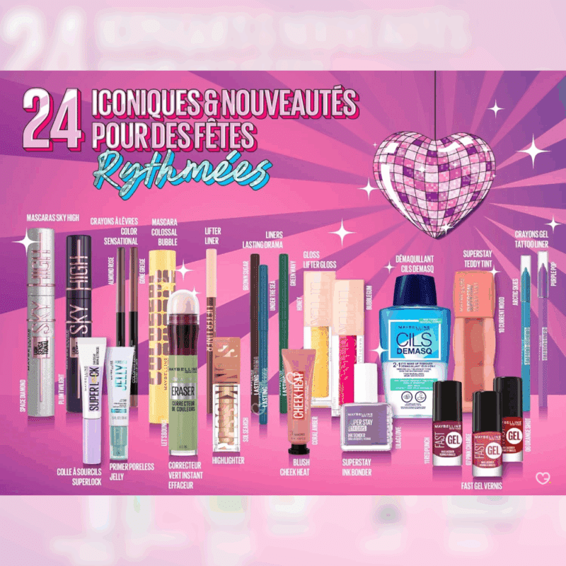 Calendrier de l’Avent Maybelline 2025 avec 24 produits de beauté full size pour teint, lèvres, yeux, ongles et accessoires, idéal pour femme passionnée de maquillage.