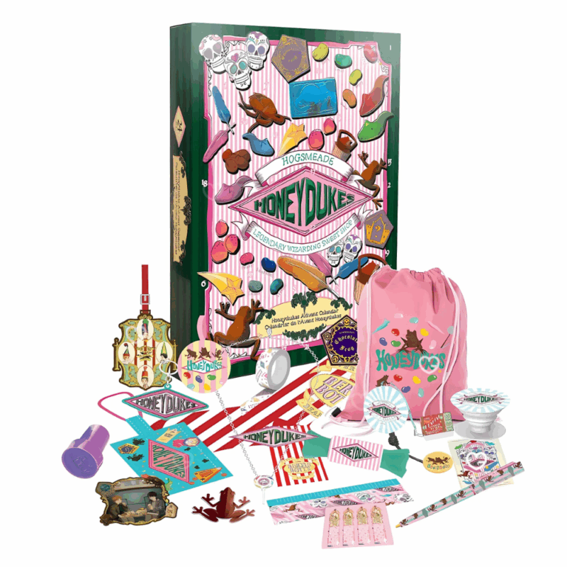 Calendrier de l’Avent Harry Potter Honeydukes 2025 avec 24 surprises collector magiques (chaussettes, porte-clés, stylo…), idéal pour fans et familles.