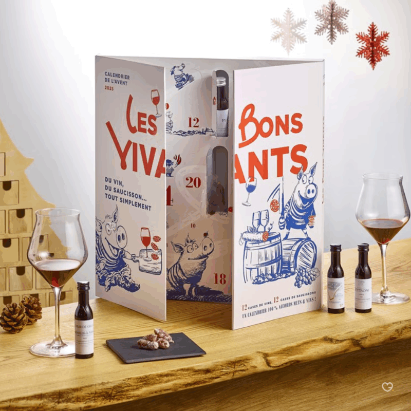 calendrier de l'avent saucisson vin Les Bons vivants 2025 avec mini saucissons et vinottes