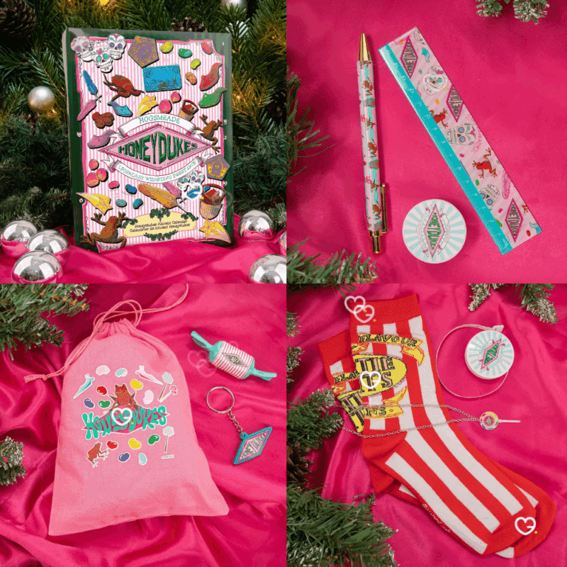 Calendrier de l’Avent Harry Potter Honeydukes 2025 avec 24 surprises collector magiques (chaussettes, porte-clés, stylo…), idéal pour fans et familles.
