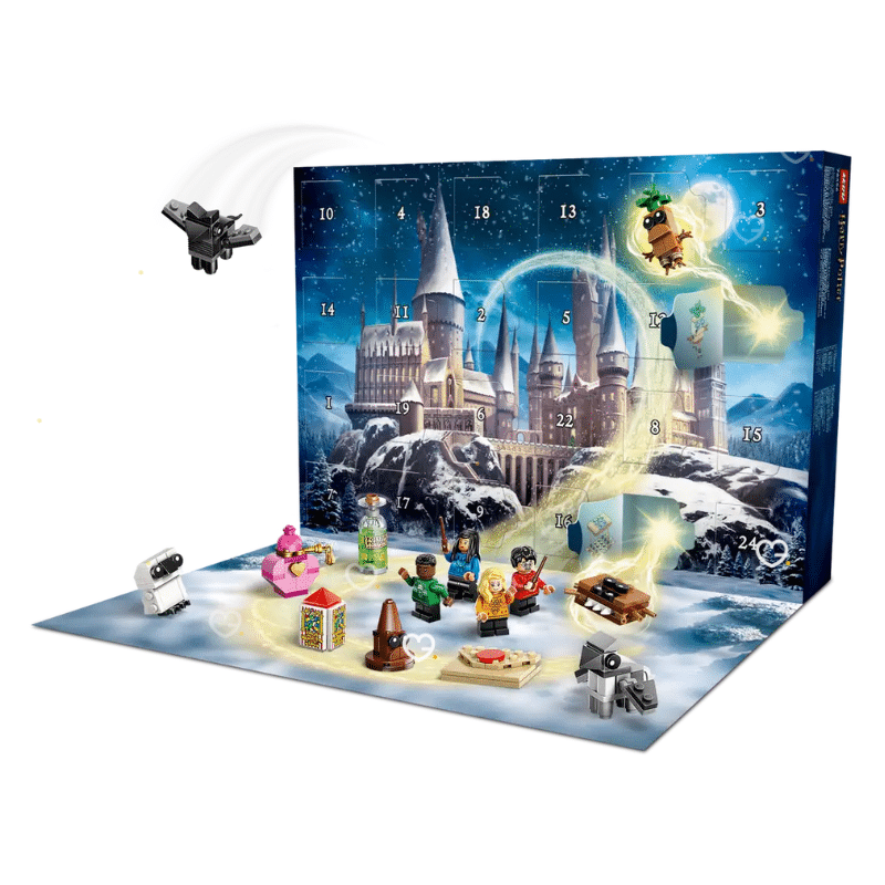 Le calendrier de l’Avent Lego Harry Potter 2025 (76456) avec 24 construction LEGO pour enfant. petites créations à assembler, inspirées des lieux et personnages emblématiques de Poudlard. Le visuel montre la boîte colorée ornée d’éléments festifs et de références magiques reconnaissables par les fans.
