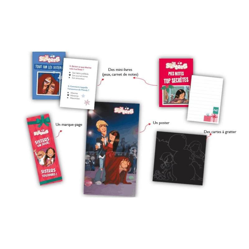 Calendrier de l’Avent Les Sisters 2025 pour filles avec 24 mini-livres, stickers, cartes à gratter et surprises ludiques et originales pour enfant