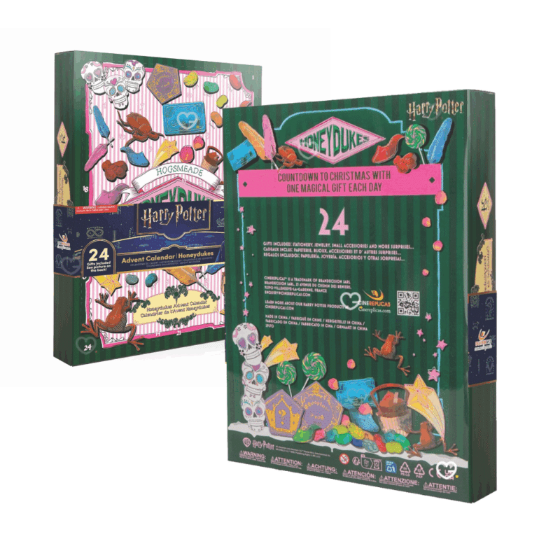 Calendrier de l’Avent Harry Potter Honeydukes 2025 avec 24 surprises collector magiques (chaussettes, porte-clés, stylo…), idéal pour fans et familles.
