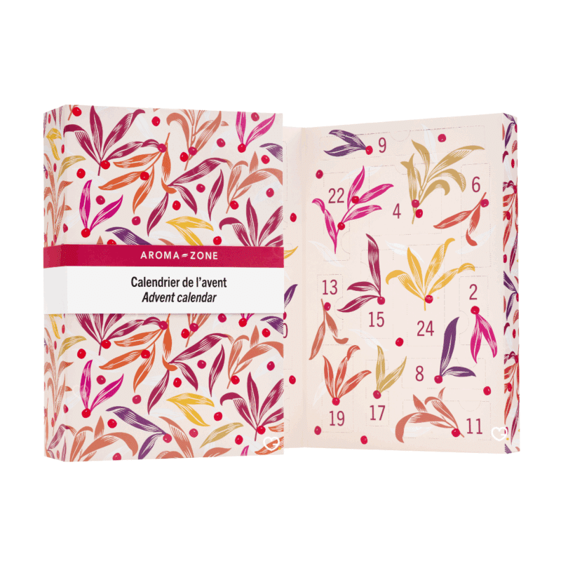 Calendrier de l’Avent Aroma-Zone 2025, coffret beauté festif avec 24 soins naturels visage, cheveux, mains et exclusivités bien-être.