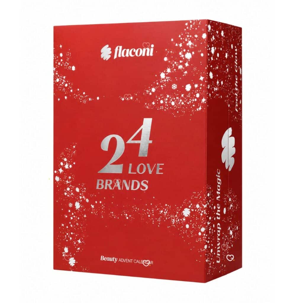Calendrier de l'Avent Flaconi 2026 « 24 Love Brands », boîte rouge fermée sur fond blanc