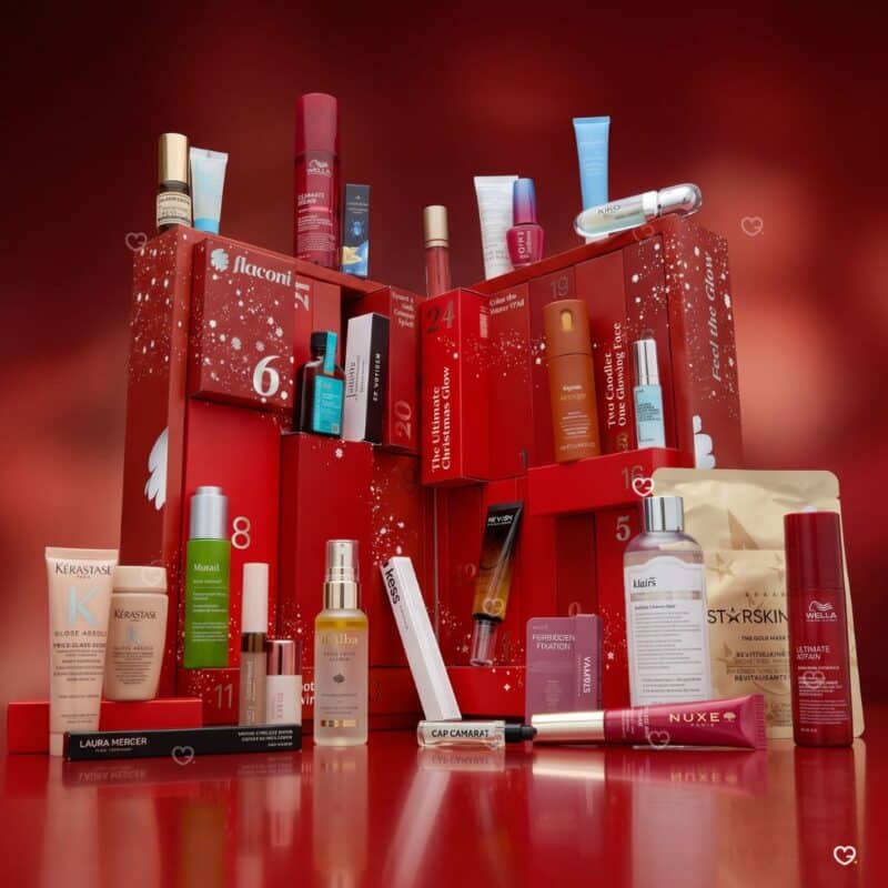 Calendrier de l'Avent Flaconi 2026 ouvert, cases numérotées et produits beauté déployés