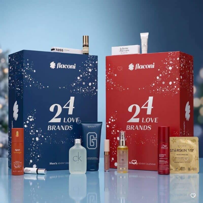 Calendriers de l'Avent Flaconi 2026, version femme rouge et version homme bleue