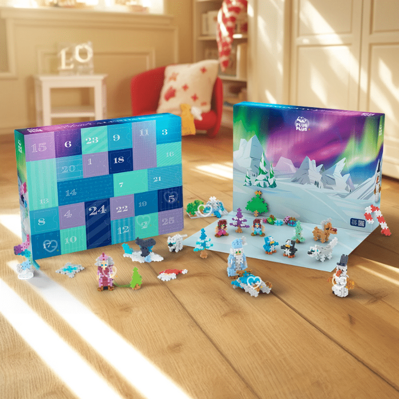 Calendrier de l’Avent Plus Plus 2025 avec 25 surprises et 600 pièces de construction, cadeau éducatif et créatif pour enfants.