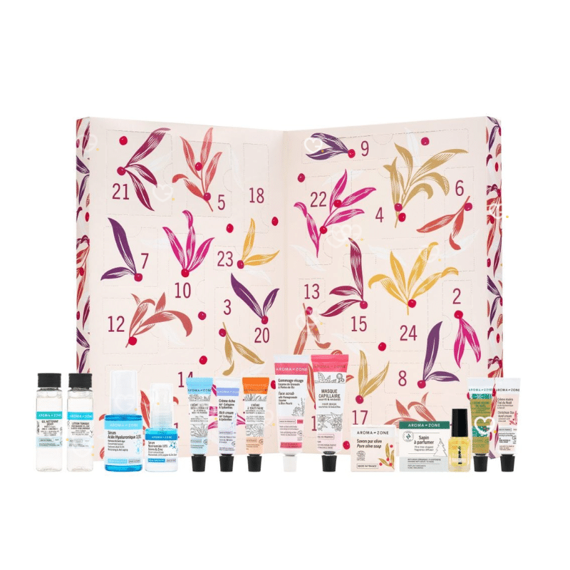 Calendrier de l’Avent Aroma-Zone 2025, coffret beauté festif avec 24 soins naturels visage, cheveux, mains et exclusivités bien-être.