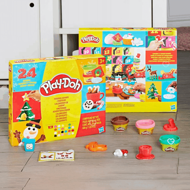 Calendrier de l’Avent Play Doh 2025 avec 24 pots de pâte à modeler colorée, 28 accessoires créatifs, projets papier et tapis de jeu festif pour enfants