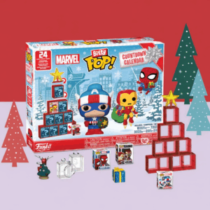 calendrier de l’avent Funko Bitty POP Marvel 2025 contenant 24 surprises dont figurines bitty inspirées des héros emblématiques de l’univers. design coloré fait ressortir l’esprit festif et l’imaginaire Marvel.