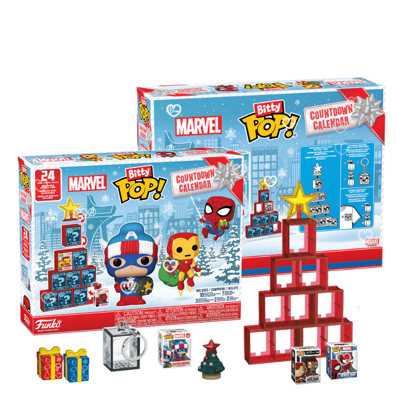 calendrier de l’avent Funko Bitty POP Marvel 2025 contenant 24 surprises dont figurines bitty inspirées des héros emblématiques de l’univers. design coloré fait ressortir l’esprit festif et l’imaginaire Marvel.
