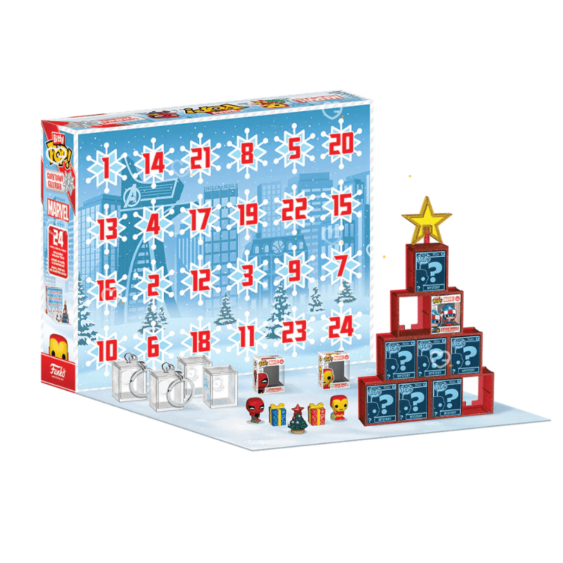 calendrier de l’avent Funko Bitty POP Marvel 2025 contenant 24 surprises dont figurines bitty inspirées des héros emblématiques de l’univers. design coloré fait ressortir l’esprit festif et l’imaginaire Marvel.