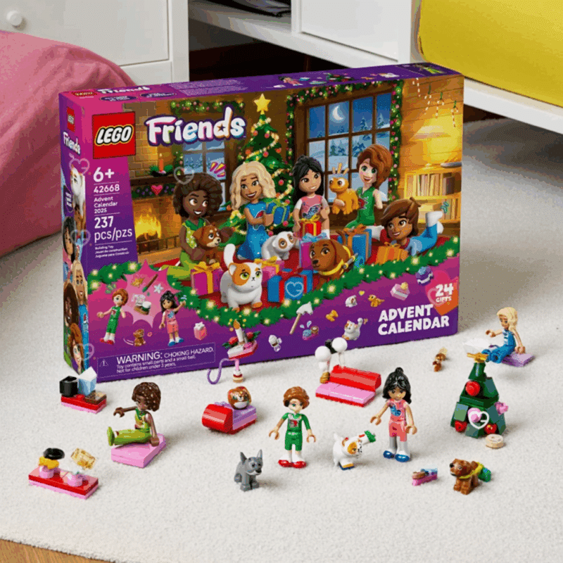 Calendrier de l’avent Lego Friends 2025 (42668)- 24 constructions à assembler. Composé de 237 pièces, il réunit 5 mini-poupées et 5 animaux pour recréer un univers féerique autour de l’amitié et de la magie des fêtes. calendrier avent jouet créativité et jeu collectif.