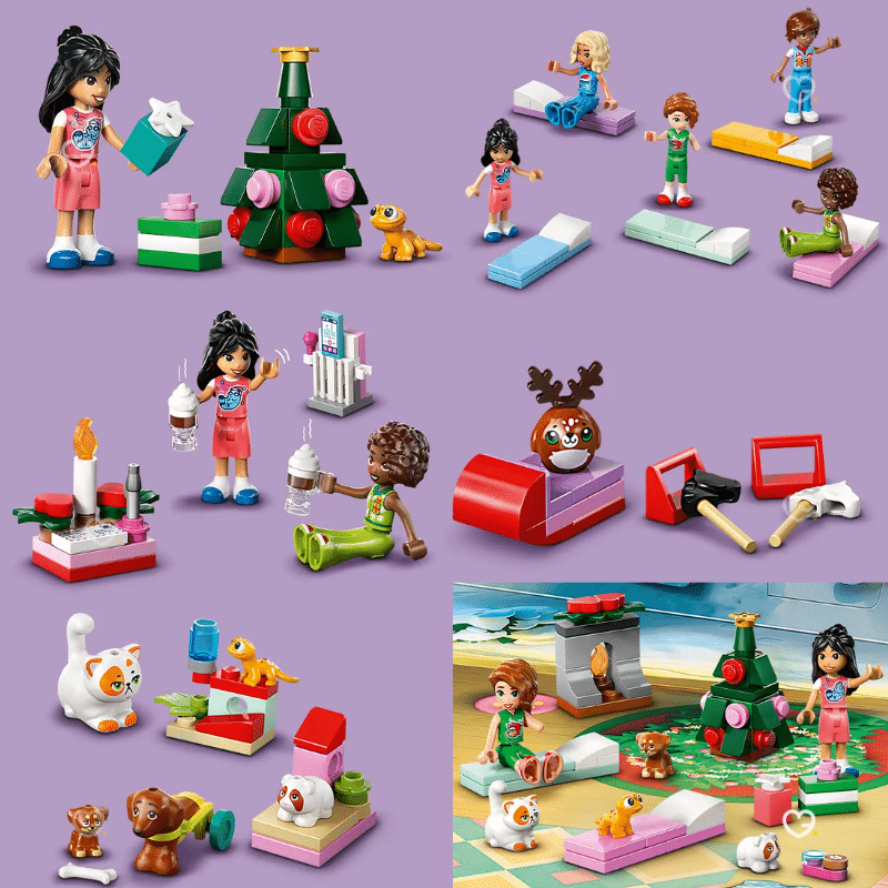 Calendrier de l’avent Lego Friends 2025 (42668)- 24 constructions à assembler. Composé de 237 pièces, il réunit 5 mini-poupées et 5 animaux pour recréer un univers féerique autour de l’amitié et de la magie des fêtes. calendrier avent jouet créativité et jeu collectif.