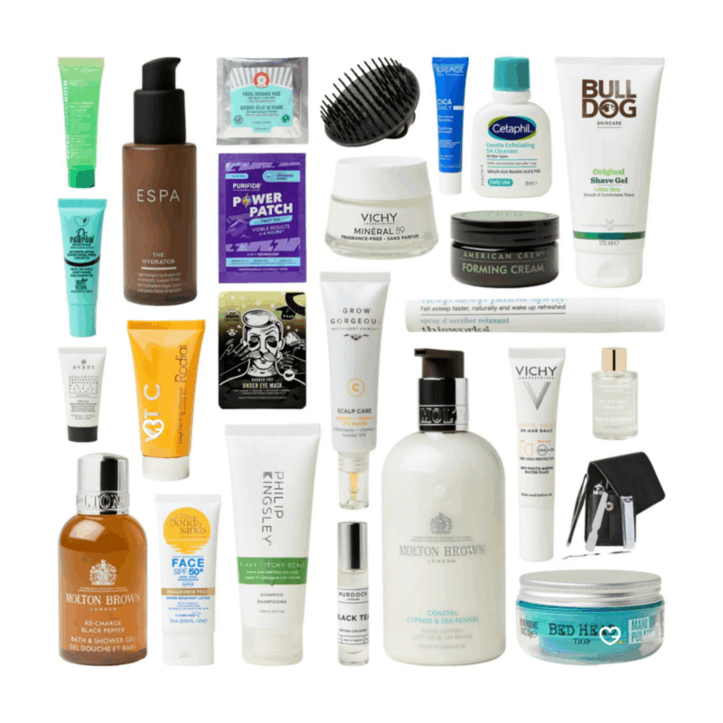 contenu complet du calendrier de l'avent lookfantastic homme 2025 contenant 27 produits de soins corps visage et barbe pour homme