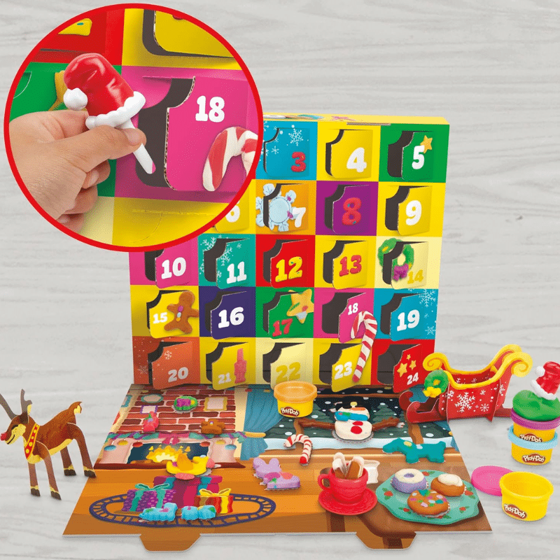 Calendrier de l’Avent Play Doh 2025 avec 24 pots de pâte à modeler colorée, 28 accessoires créatifs, projets papier et tapis de jeu festif pour enfants