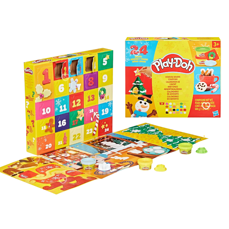 Calendrier de l’Avent Play Doh 2025 avec 24 pots de pâte à modeler colorée, 28 accessoires créatifs, projets papier et tapis de jeu festif pour enfants