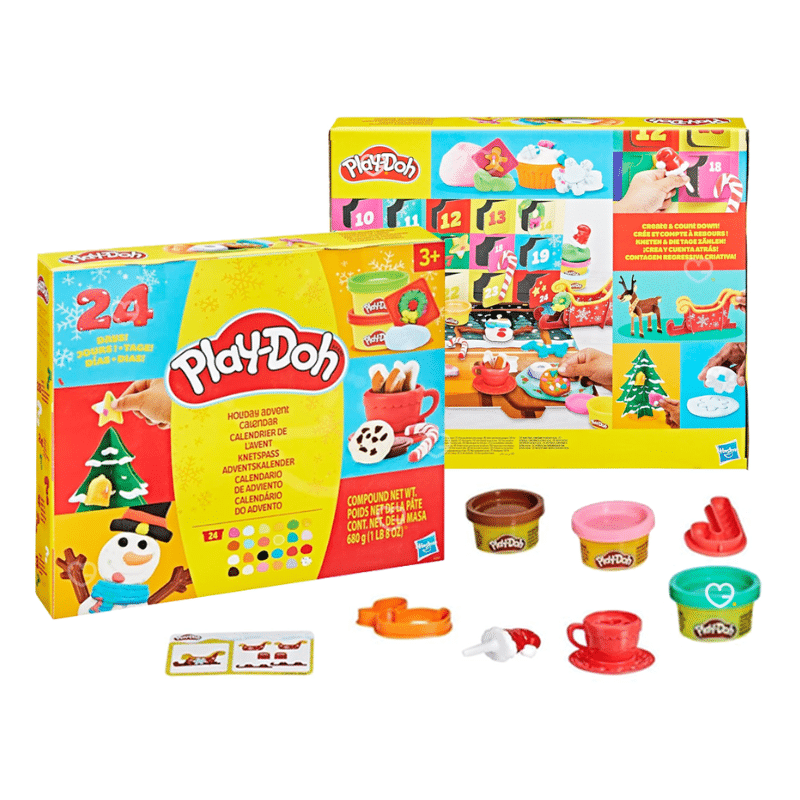 Calendrier de l’Avent Play Doh 2025 avec 24 pots de pâte à modeler colorée, 28 accessoires créatifs, projets papier et tapis de jeu festif pour enfants