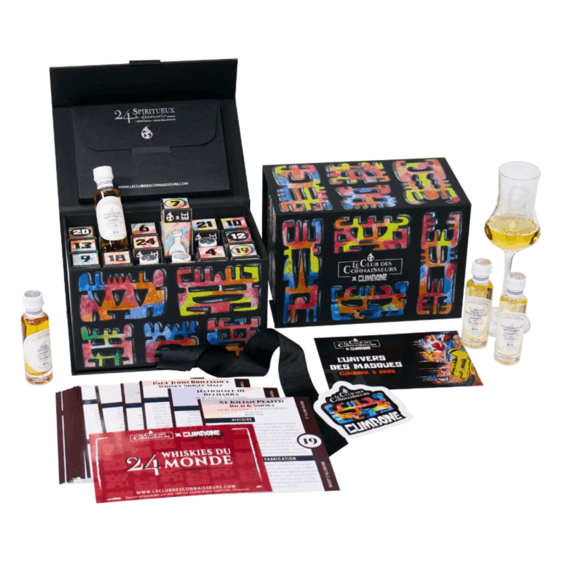 Calendrier de l’Avent Whisky Le Club des Connaisseurs 2025, coffret Cumbone design incluant 24 fioles de 20ml de whiskies du monde pour amateurs raffinés et dégustation alcool adulte