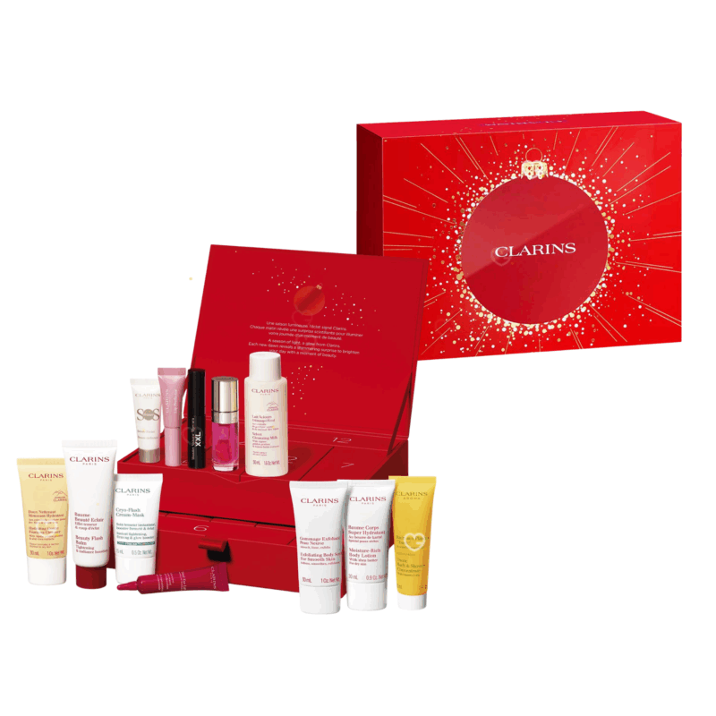 Calendrier de l’Avent Clarins 2025 coffret beauté avec 12 soins visage, maquillage et corps pour femme