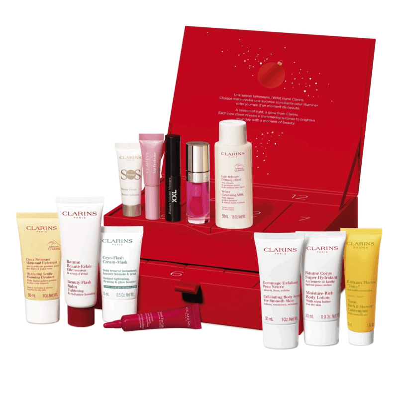 Calendrier de l’Avent Clarins 2025 coffret beauté avec 12 soins visage, maquillage et corps pour femme