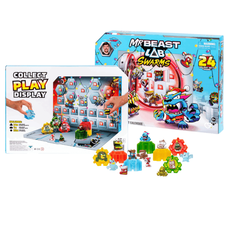 Calendrier de l’Avent MrBeast Lab Swarms 2025 avec 24 surprises ludiques dont micro-créatures, autocollants et capsules de hyper fusion pour enfants et fans de jouets.