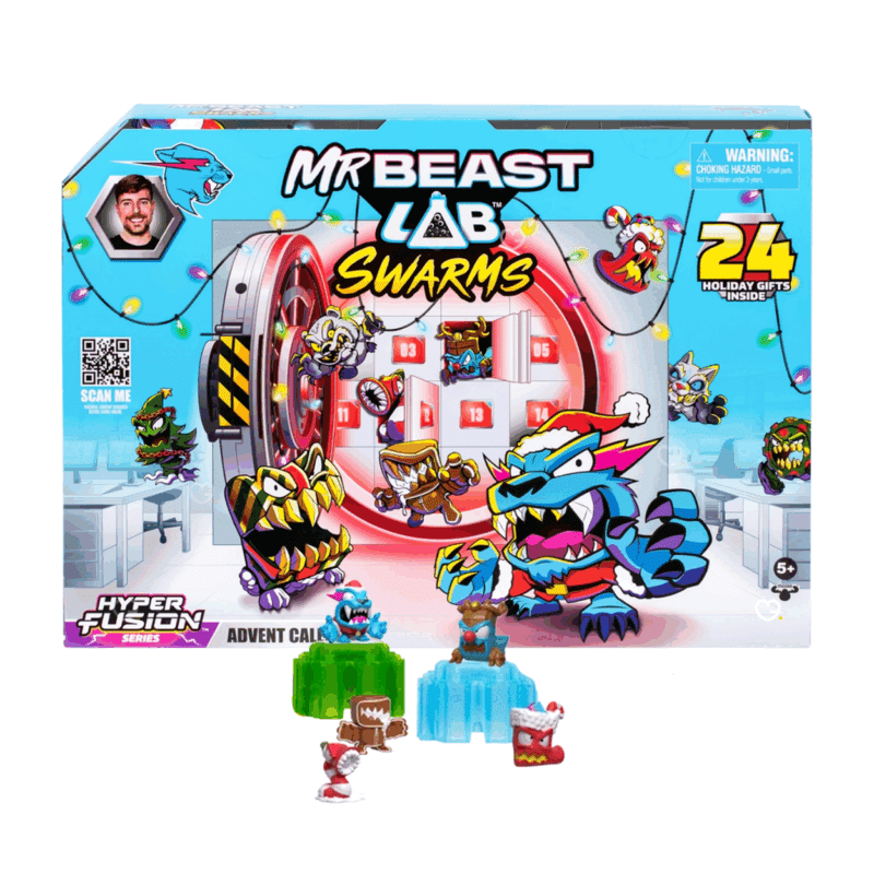 Calendrier de l’Avent MrBeast Lab Swarms 2025 avec 24 surprises ludiques dont micro-créatures, autocollants et capsules de hyper fusion pour enfants et fans de jouets.