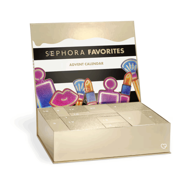 Calendrier de l’Avent Sephora Favorites 2025 avec 24 produits beauté premium maquillage, soins visage, cheveux et accessoires pour femmes.