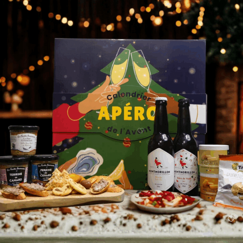 calendrier de l'avent apéro 2025 avec des produits artisanaux saucissons, terrines, bière pour gourmand