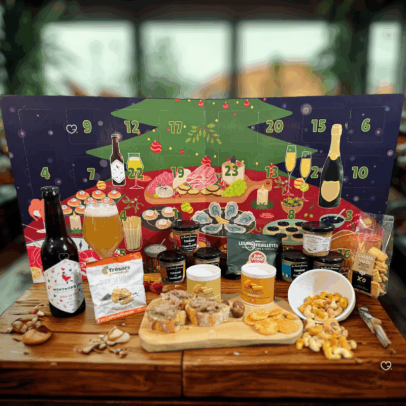 calendrier de l'avent apéro 2025 avec des produits artisanaux saucissons, terrines, bière pour gourmand