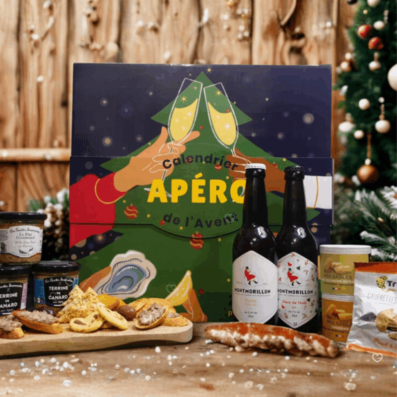 calendrier de l'avent apéro 2025 avec des produits artisanaux saucissons, terrines, bière pour gourmand